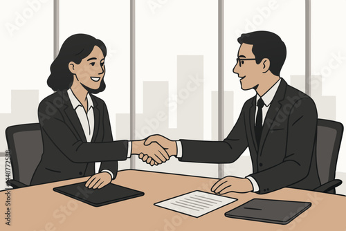 Professional man and woman shaking hands after a successful job interview or business meeting in a city office, vector art symbolizing agreement, hiring, partnership, and career growth.