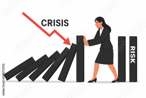 Strategic intervention in business crisis, businesswoman actively managing risk by halting the domino effect, ensuring stability and resilience through proactive management vector art.