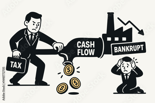 Conceptual vector illustration depicting a financial crisis with businessmen struggling under tax burden, facing negative cash flow, industry decline, and potential bankruptcy.