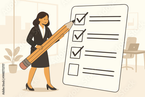 Businesswoman checking off giant task list with large pencil vector illustration. Office setting, productivity concept, goal achievement, successful project management concept art.