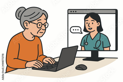 Telemedicine concept illustration showing an older woman having a remote medical checkup with her physician via video call on a laptop. Modern healthcare technology access.