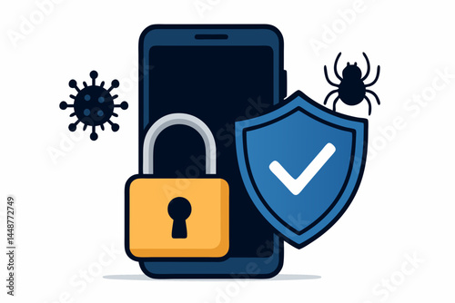 Secure smartphone defense illustration featuring mobile phone with protective shield, padlock lock, guarding against virus and malware bug icons. Concept of cybersecurity and privacy.