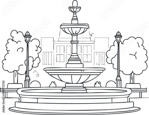 Black and white line drawing of a decorative fountain in an urban park setting with trees and street lamps