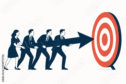 Collaborative Effort Towards Business Goals: Vector graphic of a corporate team carrying an arrow to hit the center of a target, illustrating partnership, focus, and targeting success.