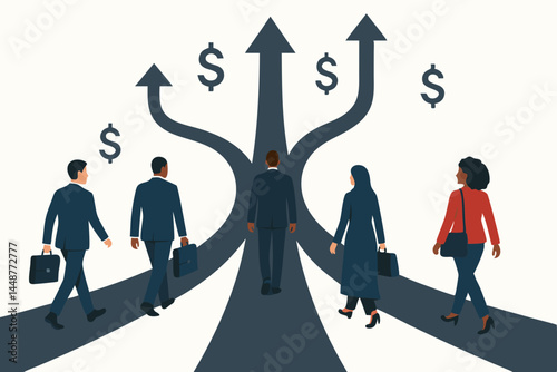 Diverse workforce vector concept showing men and women choosing various routes to achieve financial goals, business success, and upward mobility in their careers illustration.