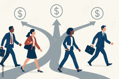 Diverse team of business professionals walking separate ways towards financial success represented by dollar signs. Vector concept illustrating career paths, ambition, choice, and economic goals.
