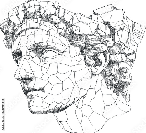 Black and white line art of a cracked ancient sculpture head showing detailed mosaic-like stone fragments