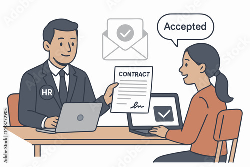 Business recruitment success concept: HR manager offers signed employment contract to happy female candidate who accepts the job offer, with digital confirmation icons illustration.