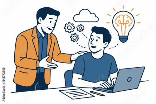Supportive manager coaches young employee working on laptop computer. Business mentorship concept with idea lightbulb and gears, representing innovation and guidance. Vector art.