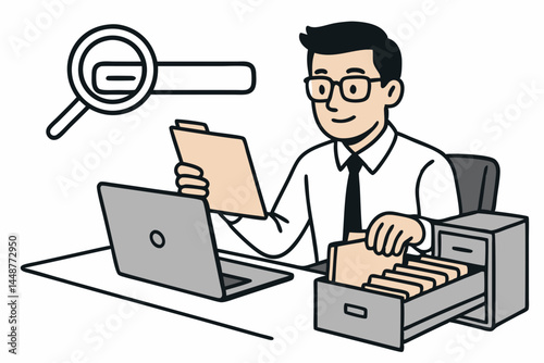 Businessman searching files at office desk with laptop and file cabinet, illustrating data management and information retrieval concept for business efficiency and research vector art.