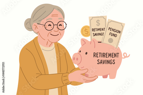 Secure future concept with smiling elderly grandmother holding pink piggy bank containing retirement savings, pension fund money, and dollar coin vector graphic illustration.