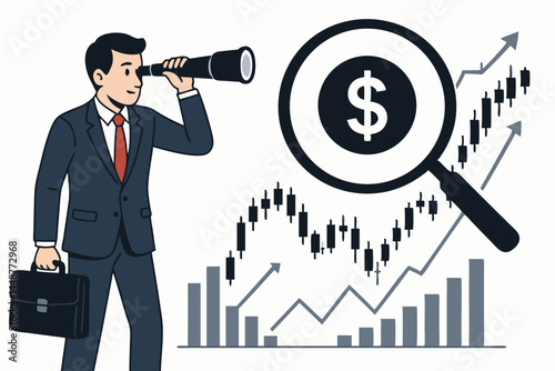 Stock market analysis and investment forecasting concept. Businessman uses telescope to find opportunities, magnifying glass focuses on dollar over growing financial chart vector.