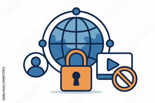 Global network security vector concept showing internet protection, user privacy, and restricted video content access with padlock and profile icons for cybersecurity awareness.
