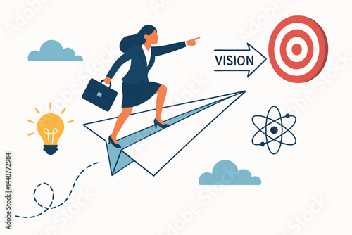 Vector illustration of a businesswoman on a paper plane aiming for her vision target. Concept of innovation, career ambition, goal setting, leadership, and business strategy.