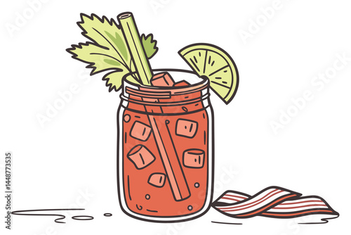 86 Bloody Mary cocktail, mason jar, celery stalk, lemon slice, bacon strip, tomato juice, ice cubes, savory drink, garnished beverage, red liquid, clear glass, spicy appearance, brunch cocktail, detai
