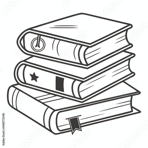 Vintage Book Stack with Ribbon and Marker - Monochrome Drawing