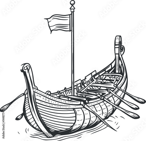 Black and white sketch of an ancient Viking ship with oars and a flag on the mast
