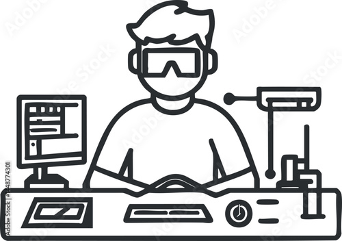 Illustration of a scientist working in a laboratory with computer and scientific equipment testing and analyzing data