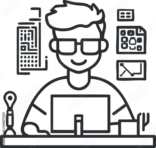 Line art illustration of a programmer working at a computer with data charts and software design on the wall
