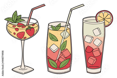87 Colorful cocktails, refreshing drinks, tropical beverages, highball glasses, garnished with fresh fruit, vibrant colors, ice cubes, mint leaves, straws, gradient hues, summer party, cocktail menu, 