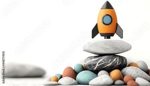 Orange rocket atop stacked stones