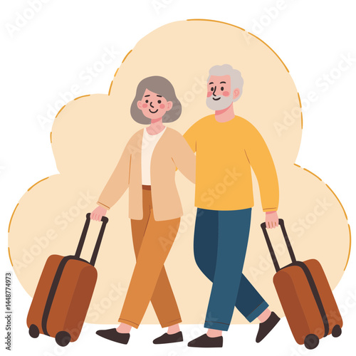 Senior couple traveling light. Elderly tourists with luggage. Retired couple on vacation trip. Old travelers walking with bags. Elderly set