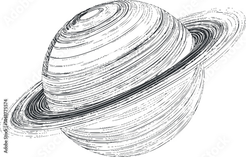 Detailed black and white line art illustration of a ringed planet resembling Saturn in space