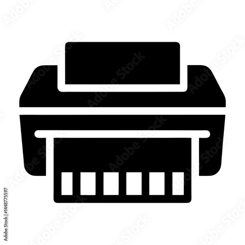 Simple black silhouette of a printer ejecting documents, clear cut graphic icon