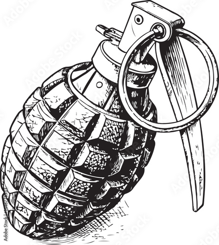 Grenade Bomb Explosion Black and White Vector Illustration, Sketch Drawing Line Linear Symbol Icon Engraving, Hand-drawn Isolated
