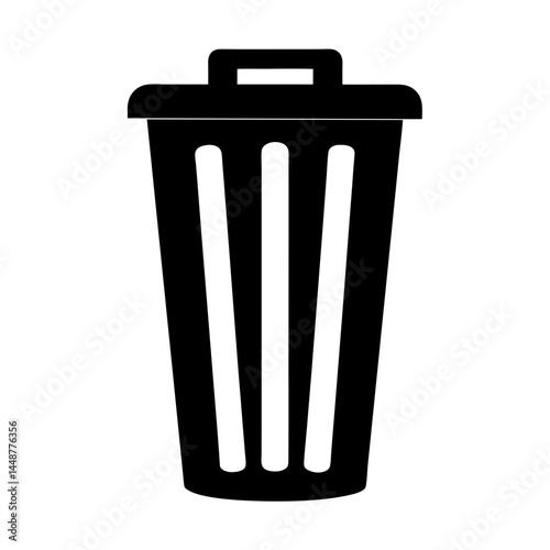 Black and white illustration of a trash can with a lid and handle