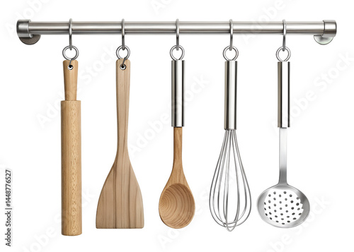 Kitchen utensils hanging on a metal rack on transparent background