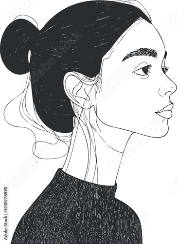 Minimalist black and white line art portrait of a young woman with hair in a bun viewed from the side.