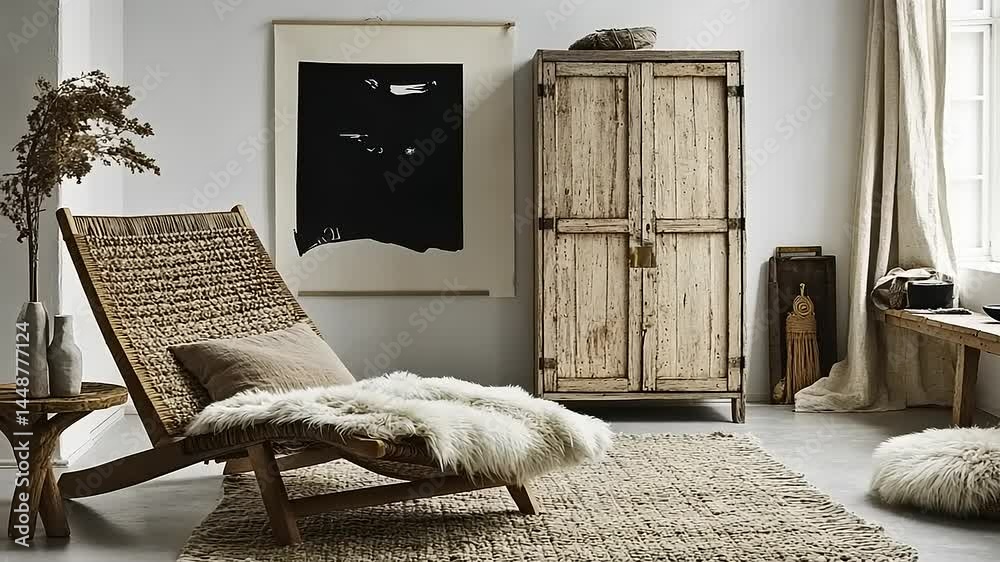 Rustic room featuring wicker chair, distressed cabinet, neutral rug, and abstract art