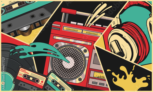 Collage with fragments of cassette tape recorder, vinyl record, studio headphones and other. Nostalgia for the 80s. Retro palette. Vector illustration