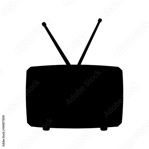 Old television set with rabbit ears antenna in black silhouette vector