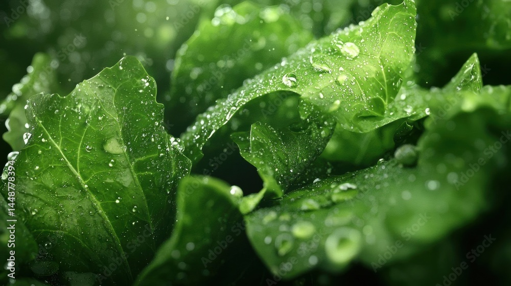 Close-up of a group of green leaves with water droplets on them. the leaves are large and have a glossy texture. Close-up of a group of green leaves with water droplets on them. the leaves are large and have a glossy texture.
