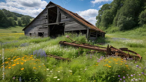 A derelict farm with a collapsed barn rusted tools scattered in the grass and wildflowers growing through the debris.