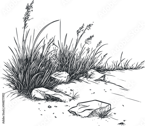 Black and white sketch of grass and rocks in a natural outdoor landscape with detailed vegetation