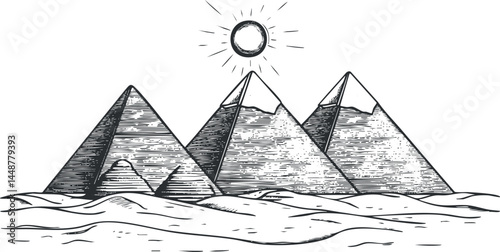 Black and white sketch of three ancient Egyptian pyramids under the sun in a desert landscape