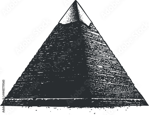 Black and white detailed illustration of an ancient stone pyramid with a pointed top and brick texture