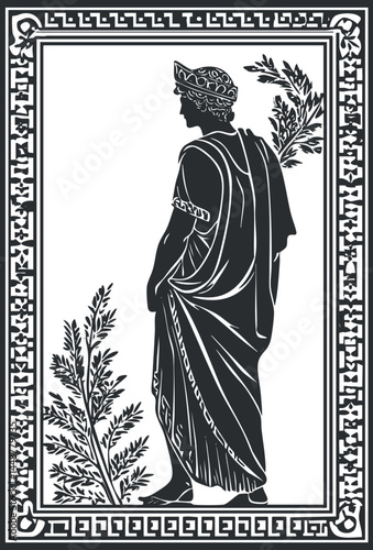 Silhouette of an ancient Greek man in traditional toga with laurel wreaths and decorative border