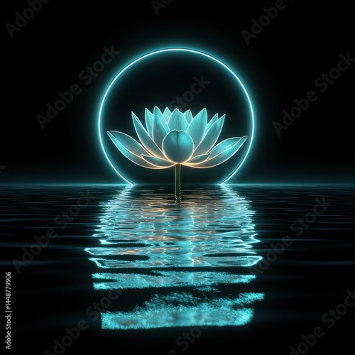 Glowing Lotus Flower on Water with Neon Circle Light Reflection