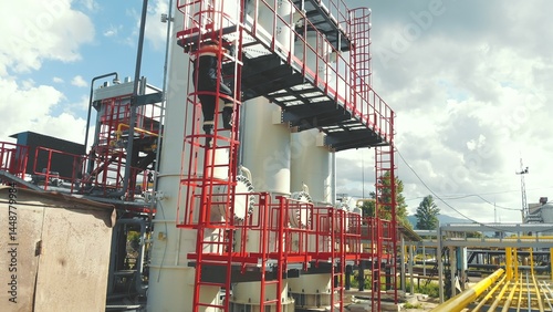 Aerial view gas station operator descends from the top of the station. Modern gas complex in the mountains. A gas worker climbs the ladder of the gas distribution unit, against the backdrop of