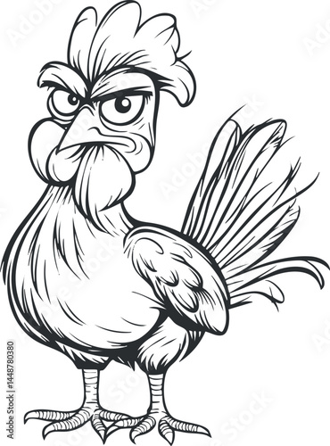 Black and white line art illustration of an angry cartoon rooster with detailed feathers and expressive eyes