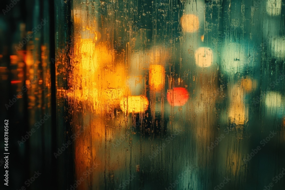 Fototapeta premium Rainy City Street Viewed Through a Wet Window with Urban Reflections