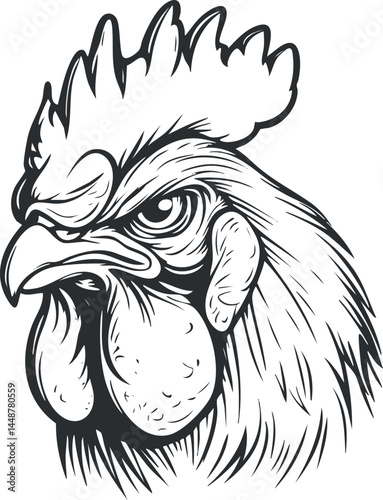 Black and white detailed line art illustration of a rooster head with comb and beak