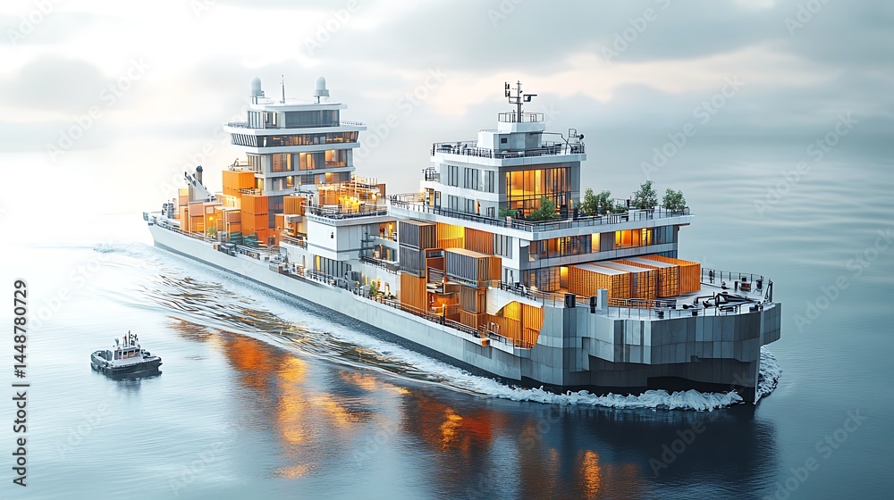 Fototapeta premium Modern Cargo Ship Design Concept On Calm Water High Resolution Photo