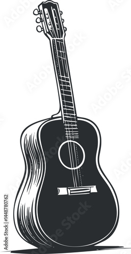 Black and white illustration of an acoustic guitar showing detailed body and neck with strings