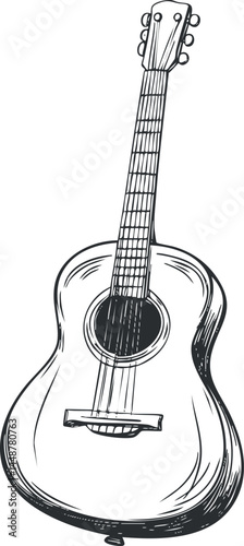 Hand-drawn black and white illustration of an acoustic guitar with detailed strings and frets