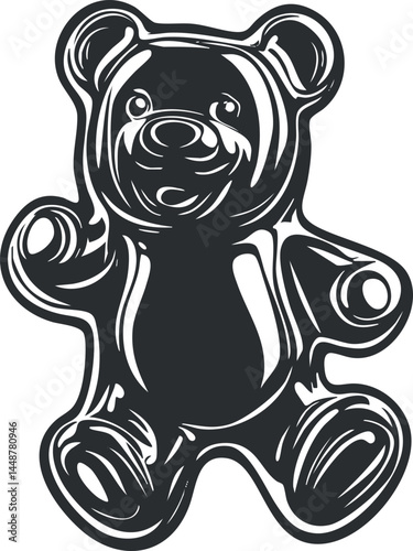Black and white illustration of a cute teddy bear plush toy with a smiling face for children